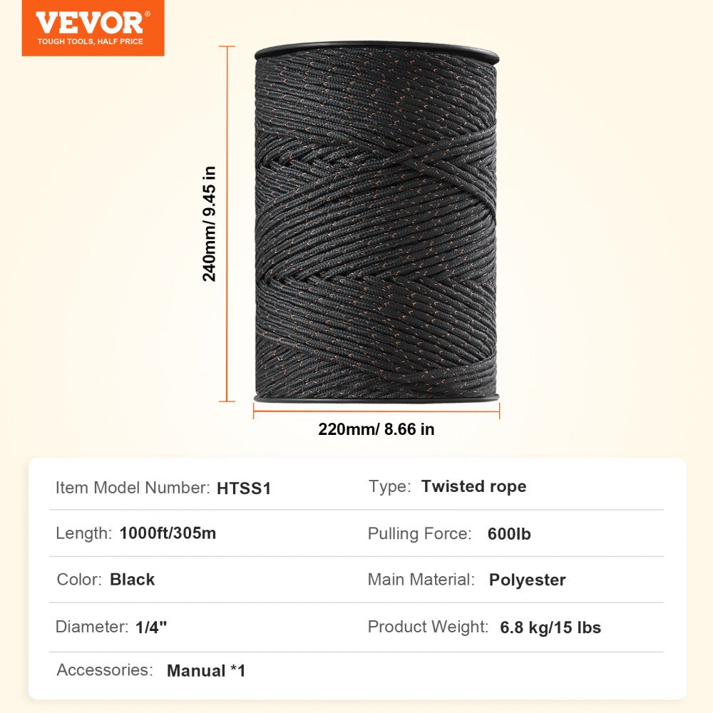 VEVOR Electric Fence Wire, 1000Ft 305M Portable Polywire, 1/4" Diameter 2 Copper Strands for Reliable Conductivity and Rust Resistance, Fencing Rope Line for Horse, Cattle, Livestock