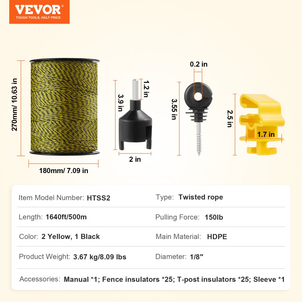 VEVOR Electric Fence Wire, 1640Ft 500M Portable Polywire, 1/8" Diameter 6 Stainless Steel Strands, Fencing Rope Line with 25 Fence Insulators and 25 T-post Insulators, for Horse, Cattle, Livestock