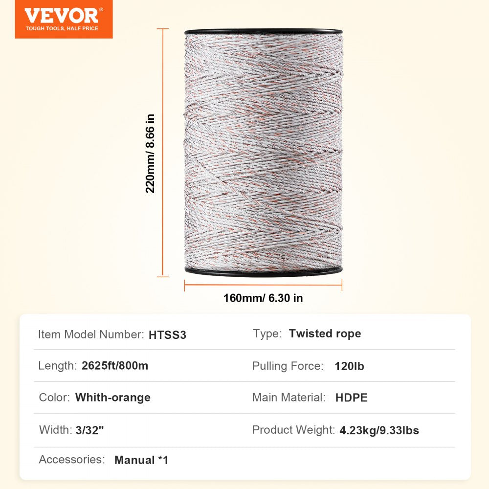 VEVOR Electric Fence Wire, 2625Ft 800M Portable Polywire, 3/32" Diameter 9 Mixed Metal Strands for Reliable Conductivity and UV, Rust Resistance, Fencing Rope Line for Horse, Cattle, Livestock