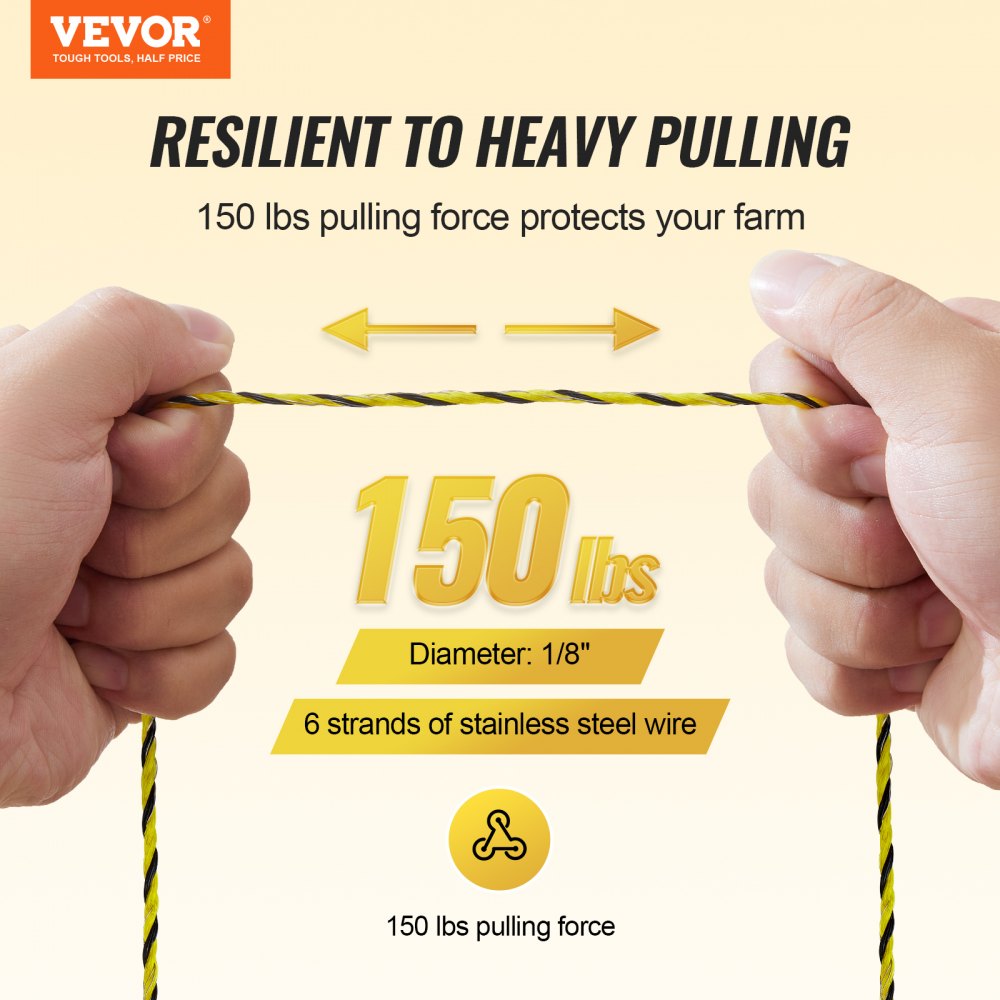 VEVOR Electric Fence Wire, 3366Ft 1026M Portable Polywire, 1/8" Diameter 6 Stainless Steel Strands for Reliable Conductivity and UV, Rust Resistance, Fencing Rope Line for Horse, Cattle, Livestock