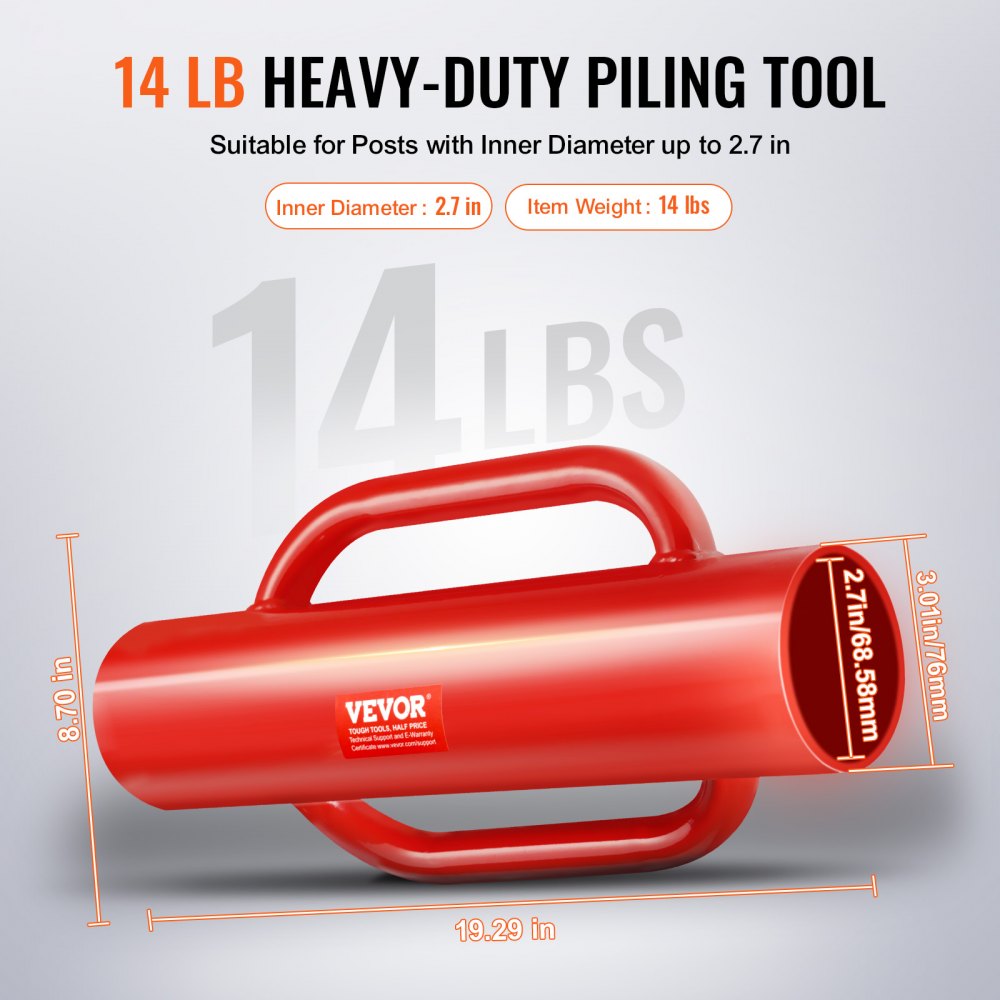 VEVOR Fence Post Driver with Handles, 2.7 in Inner Diameter T Post Pole Pounder, 14LB Heavy Duty Carbon Steel Hand Post Rammer, Farm Fencing Hole Digger for U Channel, Sign Pole, Wooden Post, Red
