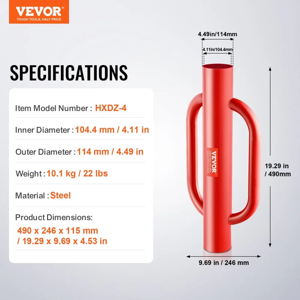 VEVOR Fence Post Driver with Handles, 4.11 in Inner Diameter T Post Pole Pounder, 22LB Heavy Duty Carbon Steel Hand Post Rammer, Farm Fencing Hole Digger for U Channel, Sign Pole, Wooden Post, Red
