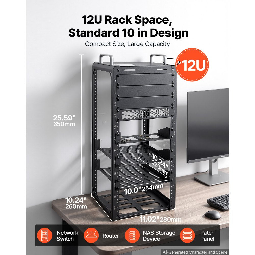 VEVOR 12U Network Rack 10.2 Inch Depth Open Frame Server Rack Vented Shelf, for 10 Inch Network IT Equipment A/V Devices, Supports Up to 200 lbs, with Side Translucent Panels & 2 Top Handles, SBC Tray