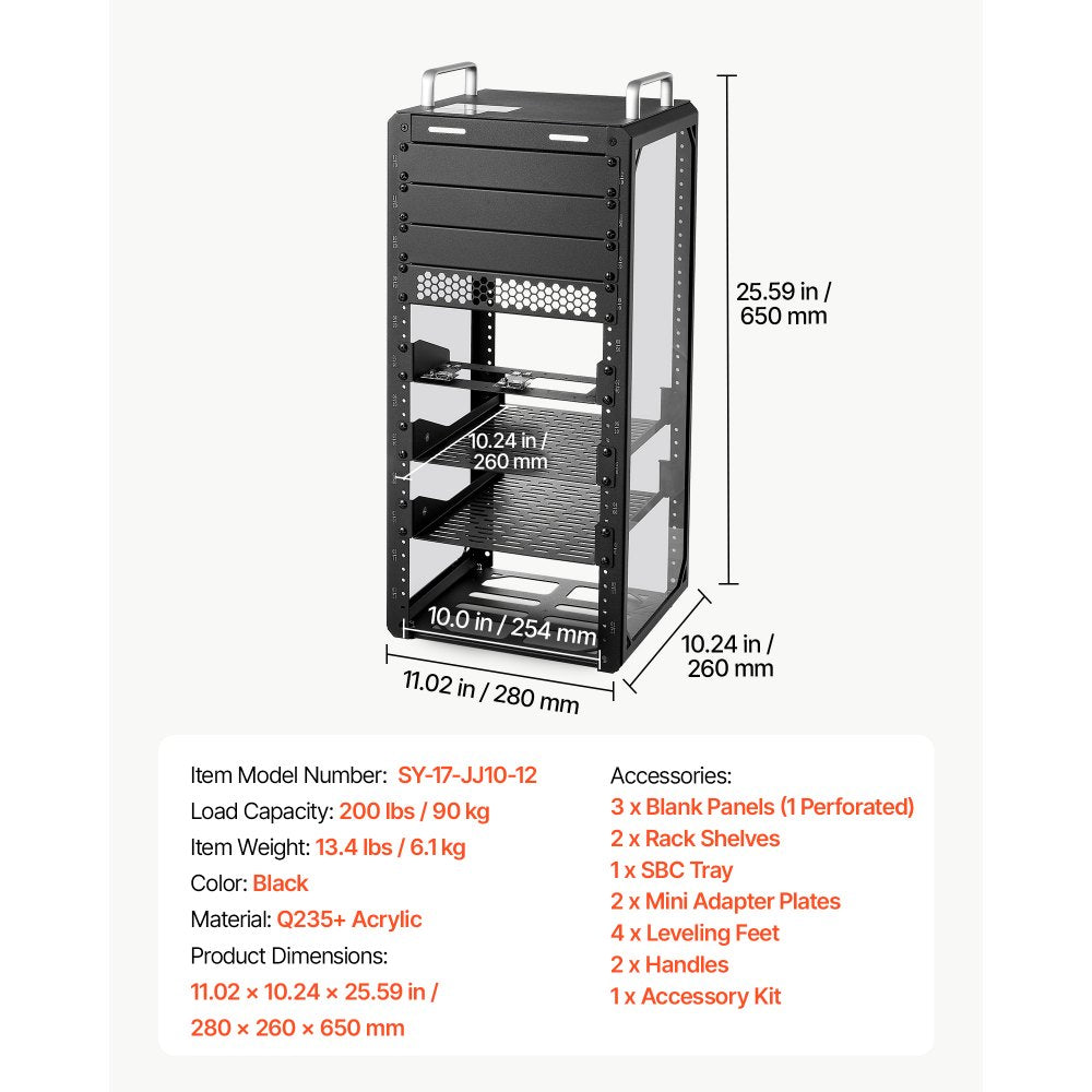 VEVOR 12U Network Rack 10.2 Inch Depth Open Frame Server Rack Vented Shelf, for 10 Inch Network IT Equipment A/V Devices, Supports Up to 200 lbs, with Side Translucent Panels & 2 Top Handles, SBC Tray