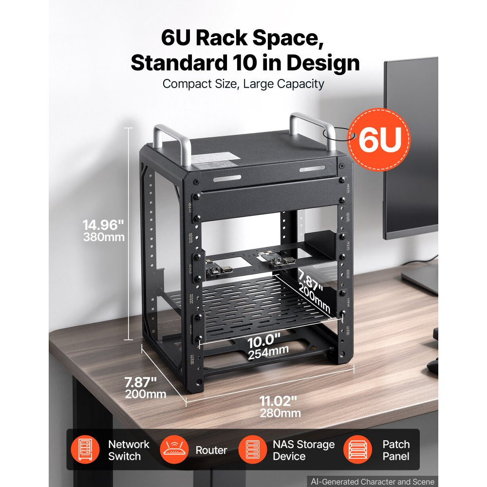VEVOR 6U Network Rack 7.87 Inch Depth Open Frame Server Rack Vented Shelf, for 10 Inch Network IT Equipment A/V Devices, Supports Up to 200 lbs, with Side Translucent Panels & 2 Top Handles, SBC Tray