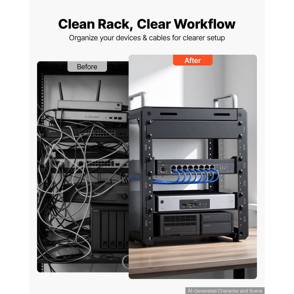 VEVOR 6U Network Rack 7.87 Inch Depth Open Frame Server Rack Vented Shelf, for 10 Inch Network IT Equipment A/V Devices, Supports Up to 200 lbs, with Side Translucent Panels & 2 Top Handles, SBC Tray