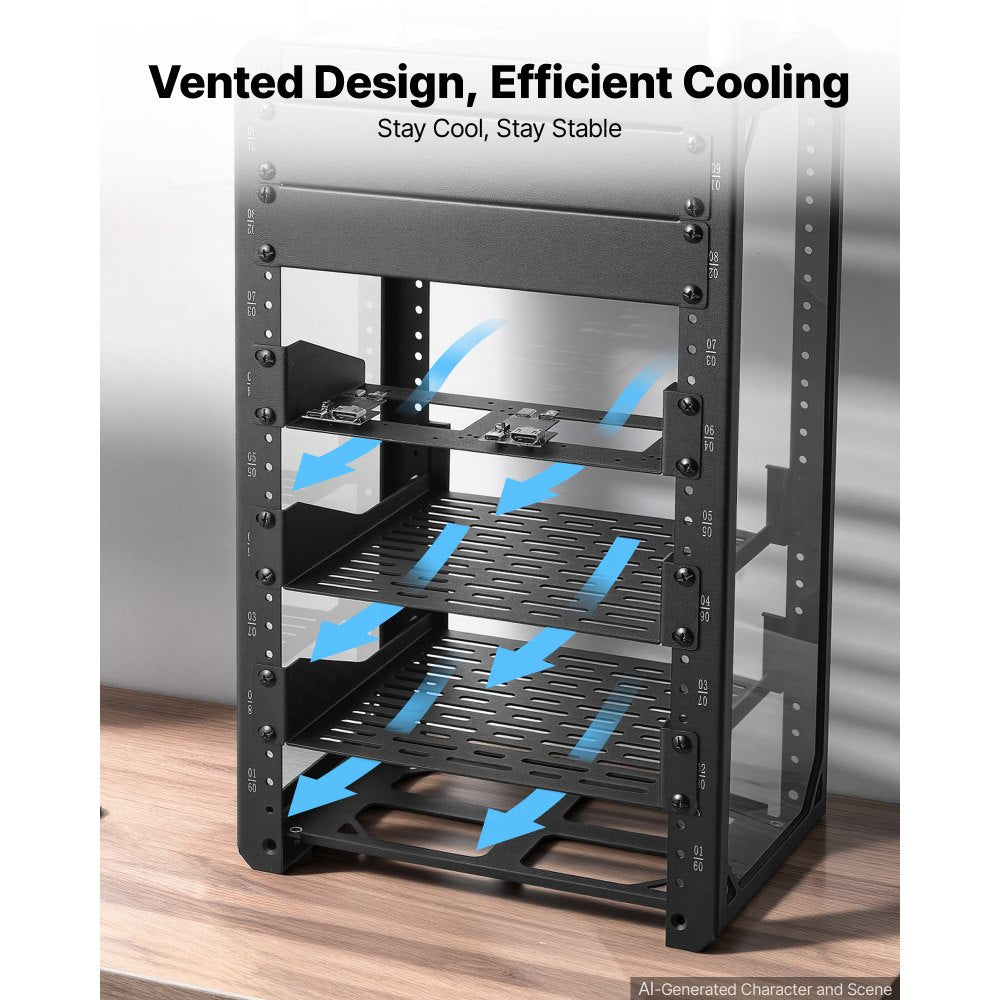 VEVOR 9U Network Rack 7.87 Inch Depth Open Frame Server Rack Vented Shelf, for 10 Inch Network IT Equipment A/V Devices, Supports Up to 200 lbs, with Side Translucent Panels & 2 Top Handles, SBC Tray