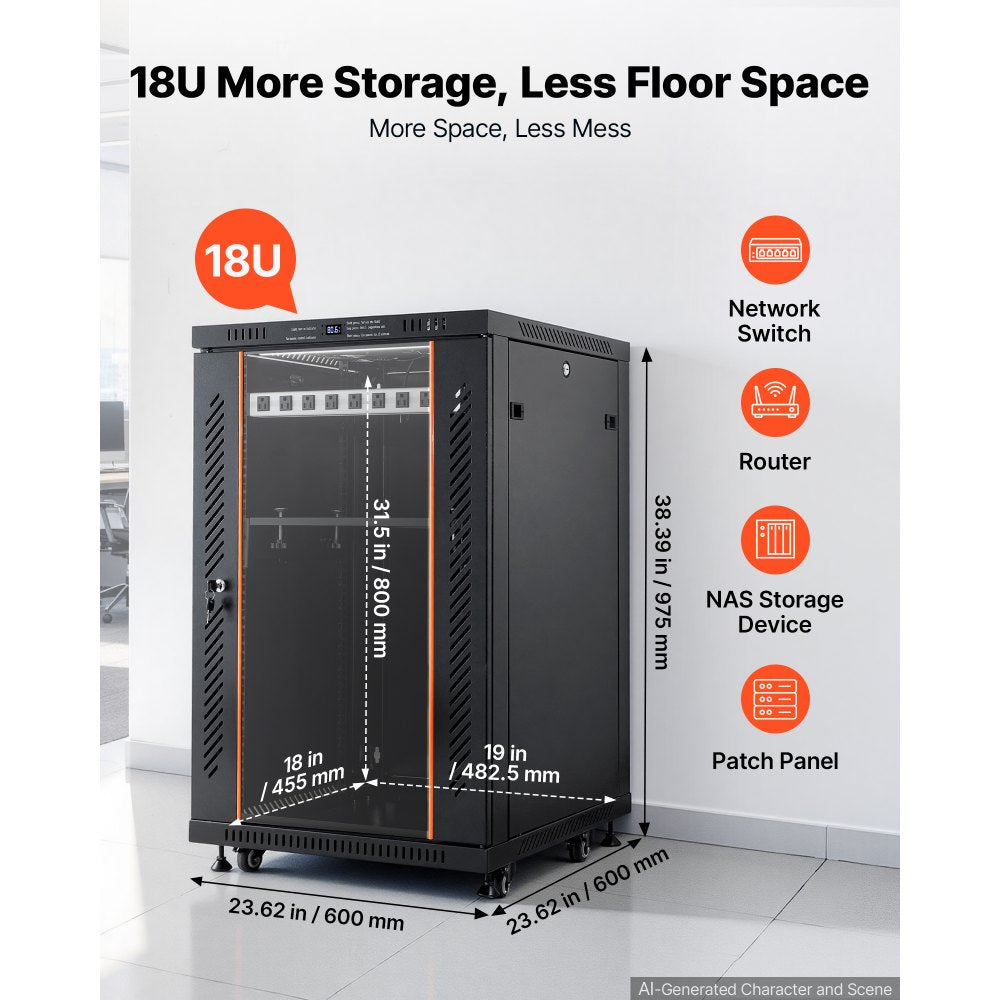 VEVOR 18U Network Cabinet Server Rack, Built-In PDU, 2 Fans, LED Light, for 19" IT Equipment A/V Devices, 23.6" Depth (18" Installation), 660 lbs Max, Lockable Door with Casters Temperature Display