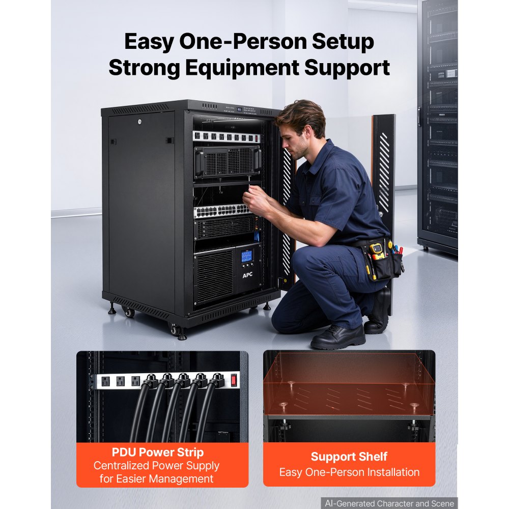 VEVOR 18U Network Cabinet Server Rack, Built-In PDU, 2 Fans, LED Light, for 19" IT Equipment A/V Devices, 23.6" Depth (18" Installation), 660 lbs Max, Lockable Door with Casters Temperature Display
