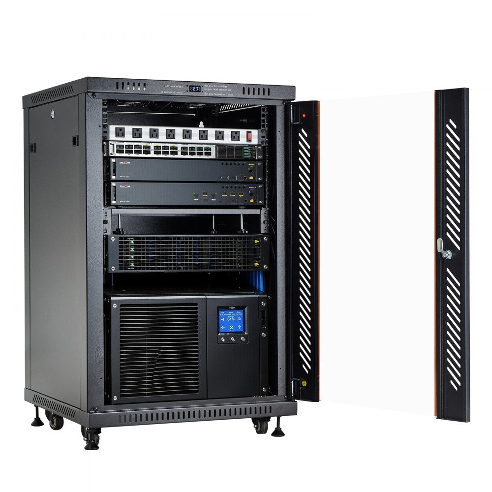VEVOR 18U Network Cabinet Server Rack, Built-In PDU, 2 Fans, LED Light, for 19" IT Equipment A/V Devices, 23.6" Depth (18" Installation), 660 lbs Max, Lockable Door with Casters Temperature Display