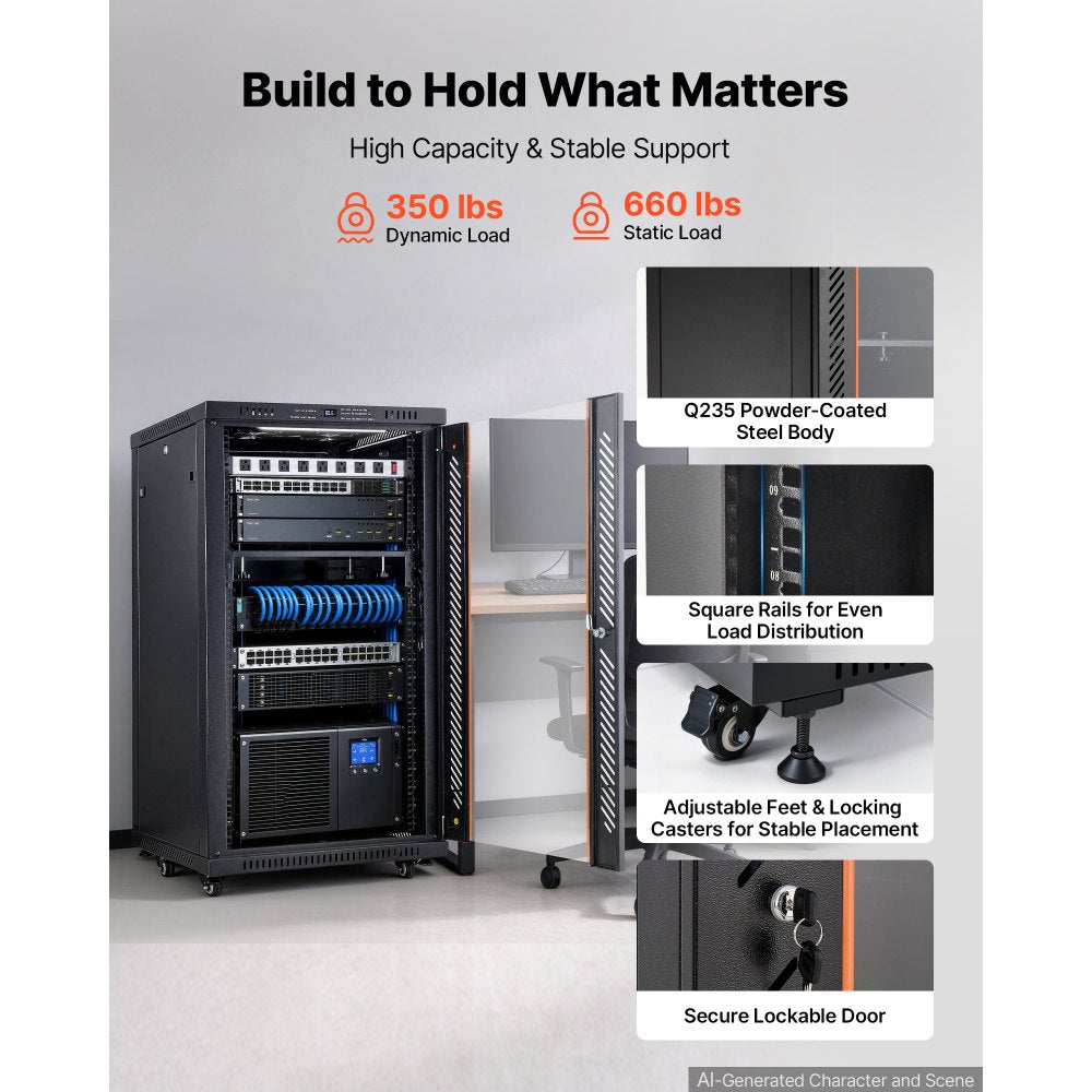 VEVOR 22U Network Cabinet Server Rack, Built-In PDU, 2 Fans, LED Light, for 19" IT Equipment A/V Devices, 23.6" Depth (18" Installation), 660 lbs Max, Lockable Door with Casters Temperature Display
