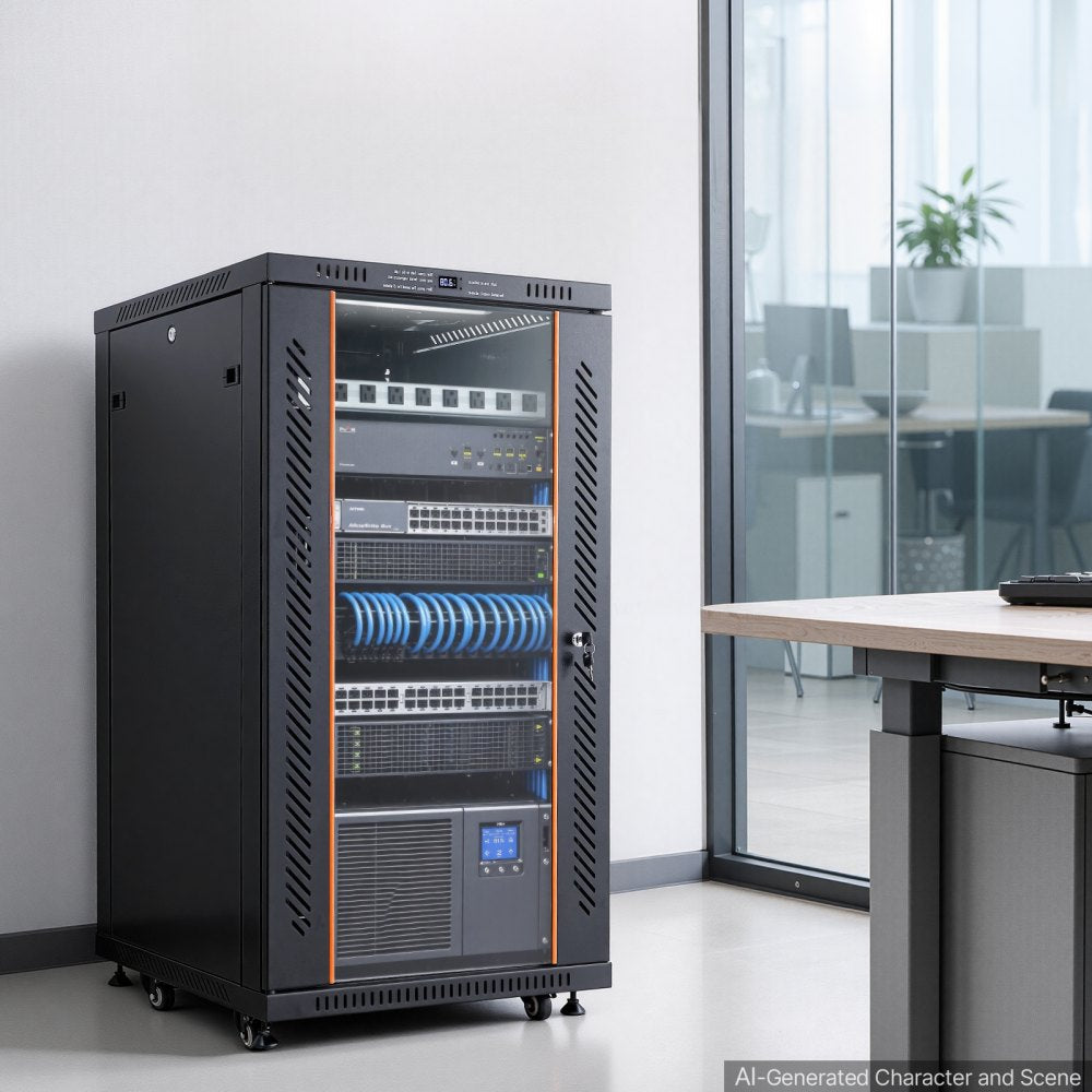 VEVOR 22U Network Cabinet Server Rack, Built-In PDU, 2 Fans, LED Light, for 19" IT Equipment A/V Devices, 23.6" Depth (18" Installation), 660 lbs Max, Lockable Door with Casters Temperature Display