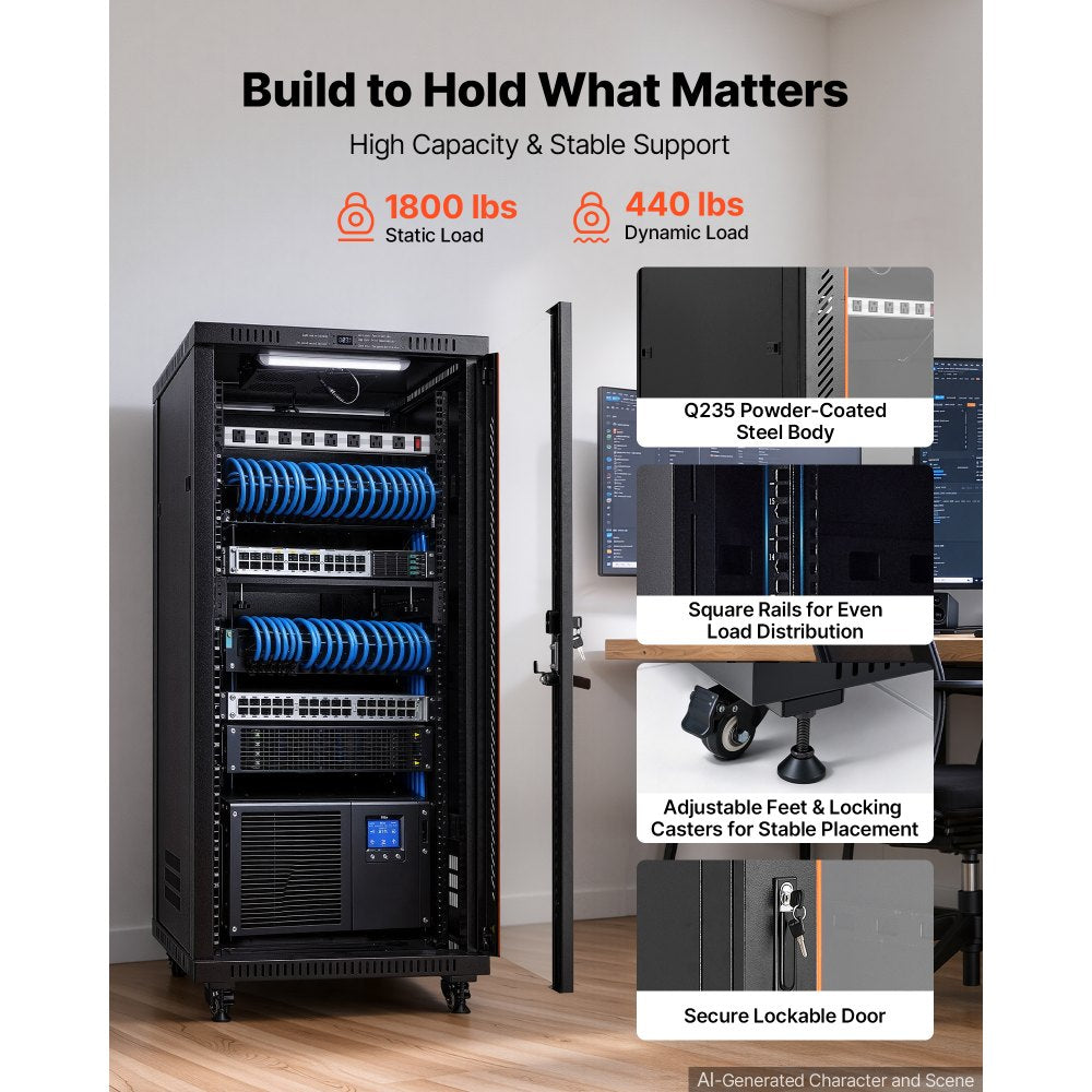 VEVOR 27U Network Cabinet Server Rack, Built-In PDU, 4 Fans, LED Light, for 19" IT Equipment A/V Devices, 23.6" Depth (18" Installation), 1800lbs Max, Lockable Door with Casters Temperature Display