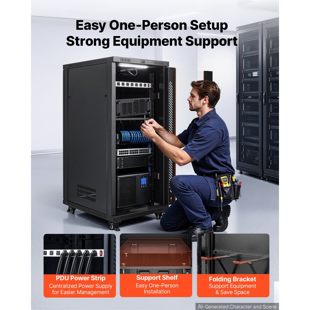 VEVOR 27U Network Cabinet Server Rack, Built-In PDU, 4 Fans, LED Light, for 19" IT Equipment A/V Devices, 23.6" Depth (18" Installation), 1800lbs Max, Lockable Door with Casters Temperature Display