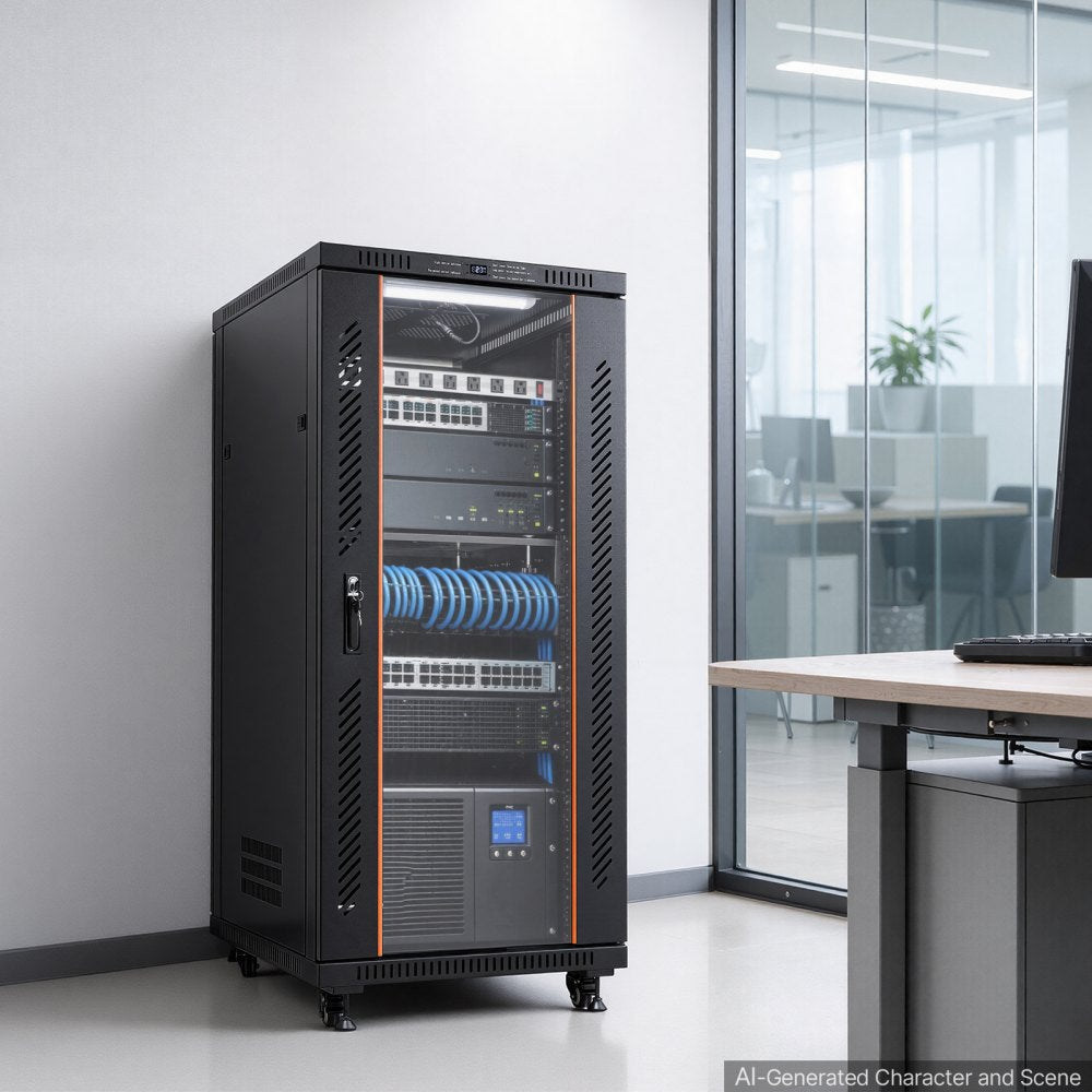 VEVOR 27U Network Cabinet Server Rack, Built-In PDU, 4 Fans, LED Light, for 19" IT Equipment A/V Devices, 23.6" Depth (18" Installation), 1800lbs Max, Lockable Door with Casters Temperature Display