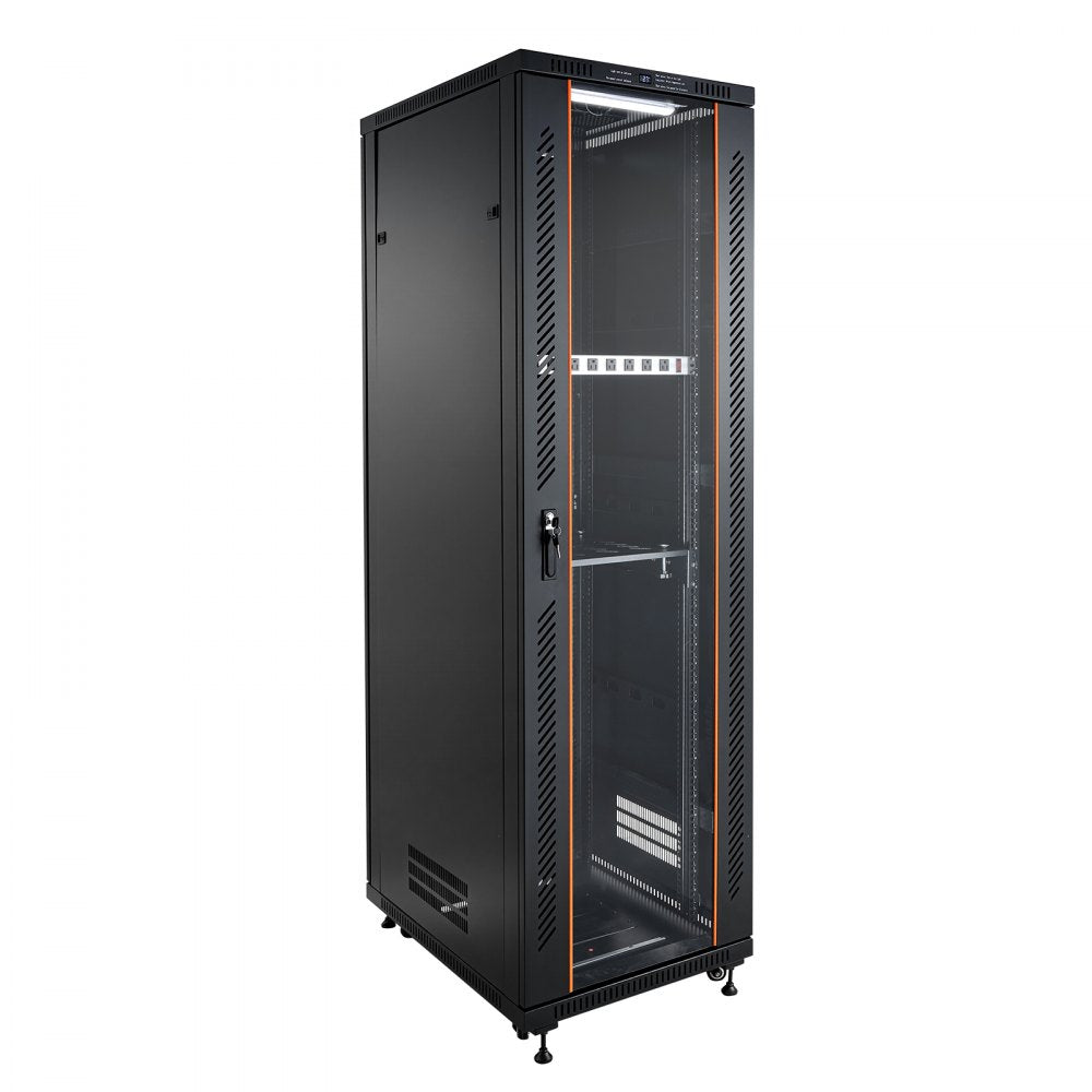 VEVOR 42U Network Cabinet Server Rack, Built-In PDU, 4 Fans, LED Light, for 19" IT Equipment A/V Devices, 23.6" Depth (18" Installation), 1800lbs Max, Lockable Door with Casters Temperature Display