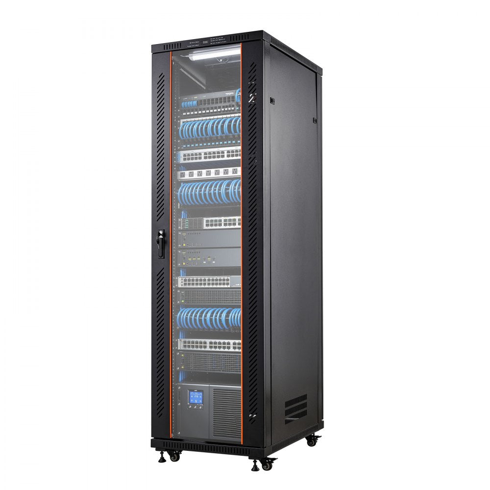 VEVOR 42U Network Cabinet Server Rack, Built-In PDU, 4 Fans, LED Light, for 19" IT Equipment A/V Devices, 23.6" Depth (18" Installation), 1800lbs Max, Lockable Door with Casters Temperature Display
