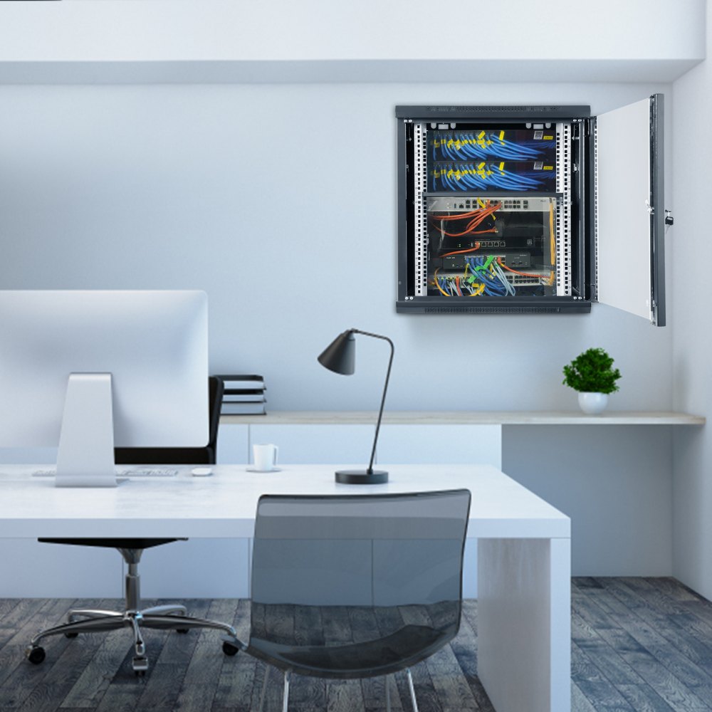 VEVOR 9U Wall-Mounted Server Network Cabinet, 15.5'' Depth, Secure Rack Enclosure, Supports up to 200 lbs, Features Lockable Glass Door and Side Panels, Ideal for IT and A/V Gear