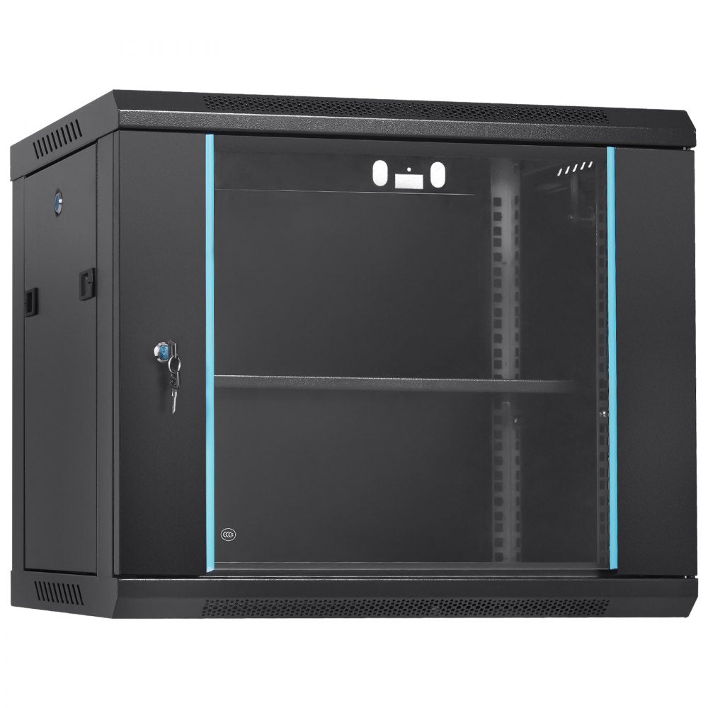 VEVOR 9U Wall-Mounted Server Network Cabinet, 15.5'' Depth, Secure Rack Enclosure, Supports up to 200 lbs, Features Lockable Glass Door and Side Panels, Ideal for IT and A/V Gear