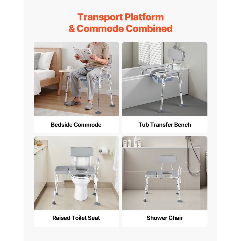 VEVOR Bedside Commode Chair, 500 lbs Weight Capacity, 4-in-1 Portable Toilet and Raised Toilet Seat with Padded Seat and Backrest, Detachable 5L Bucket, Adjustable Height Adult Potty Chair for Seniors