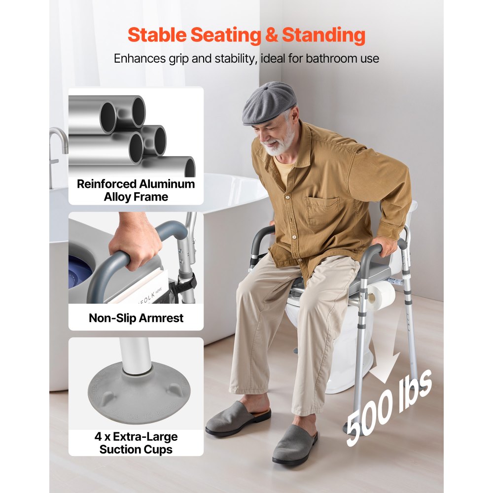 VEVOR Bedside Commode Chair, 500 lbs Capacity, 4-in-1 Portable Toilet and Raised Toilet Seat with Padded Seat & Backrest, Detachable 5L Bucket, Adjustable Height & Width Adult Potty Chair for Seniors