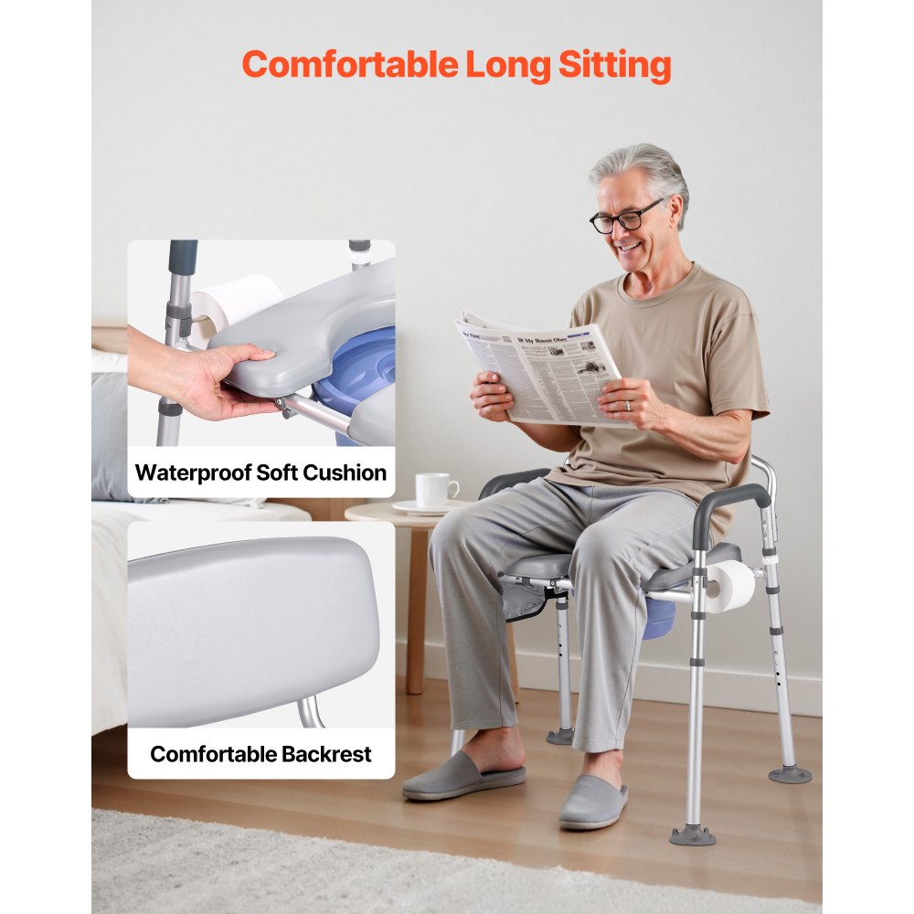 VEVOR Bedside Commode Chair, 500 lbs Capacity, 4-in-1 Portable Toilet and Raised Toilet Seat with Padded Seat & Backrest, Detachable 5L Bucket, Adjustable Height & Width Adult Potty Chair for Seniors