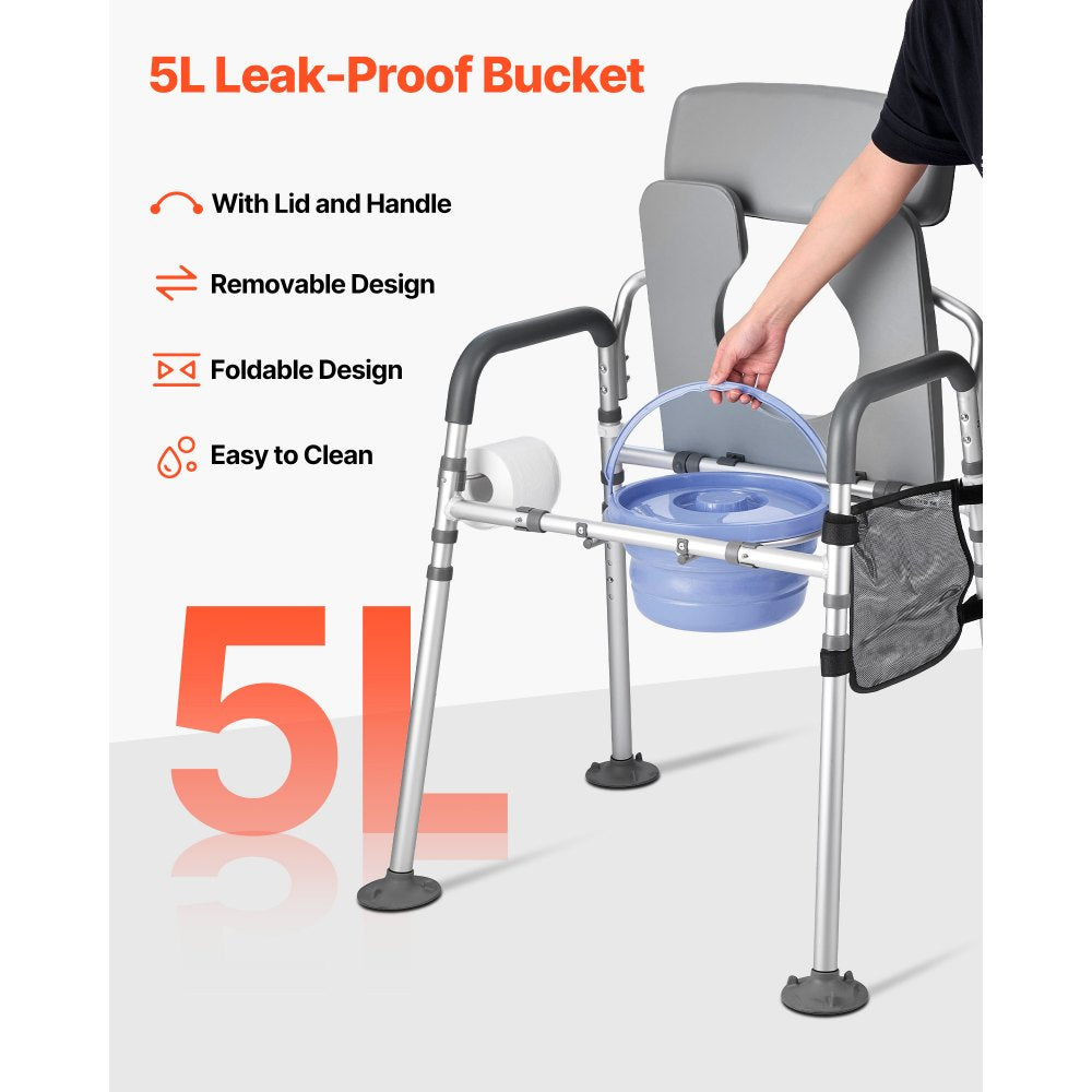 VEVOR Bedside Commode Chair, 500 lbs Capacity, 4-in-1 Portable Toilet and Raised Toilet Seat with Padded Seat & Backrest, Detachable 5L Bucket, Adjustable Height & Width Adult Potty Chair for Seniors
