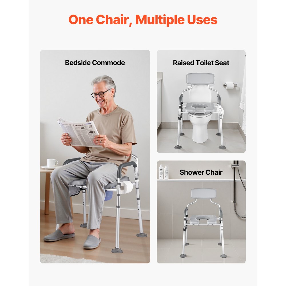 VEVOR Bedside Commode Chair, 500 lbs Capacity, 4-in-1 Portable Toilet and Raised Toilet Seat with Padded Seat & Backrest, Detachable 5L Bucket, Adjustable Height & Width Adult Potty Chair for Seniors
