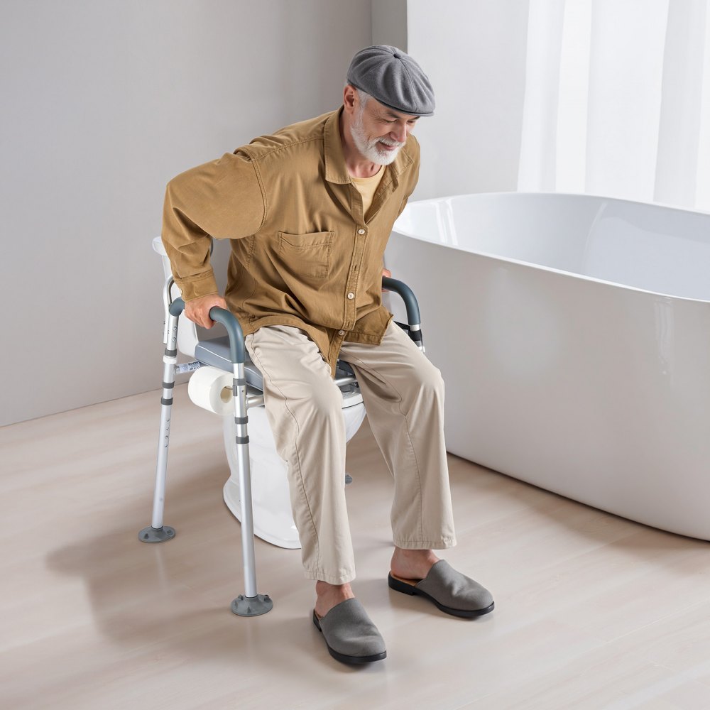 VEVOR Bedside Commode Chair, 500 lbs Capacity, 4-in-1 Portable Toilet and Raised Toilet Seat with Padded Seat & Backrest, Detachable 5L Bucket, Adjustable Height & Width Adult Potty Chair for Seniors