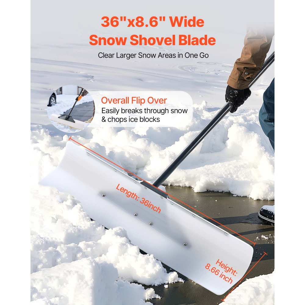 VEVOR Snow Pusher Shovel, 36 in Outdoor Snowplow Shovel with Ergonomic Grip, HDPE Plastic Blade, Winter Shovels with Segmented Handle, Metal Edged Strip, Portable Snow Removal Tool for Driveway Garden