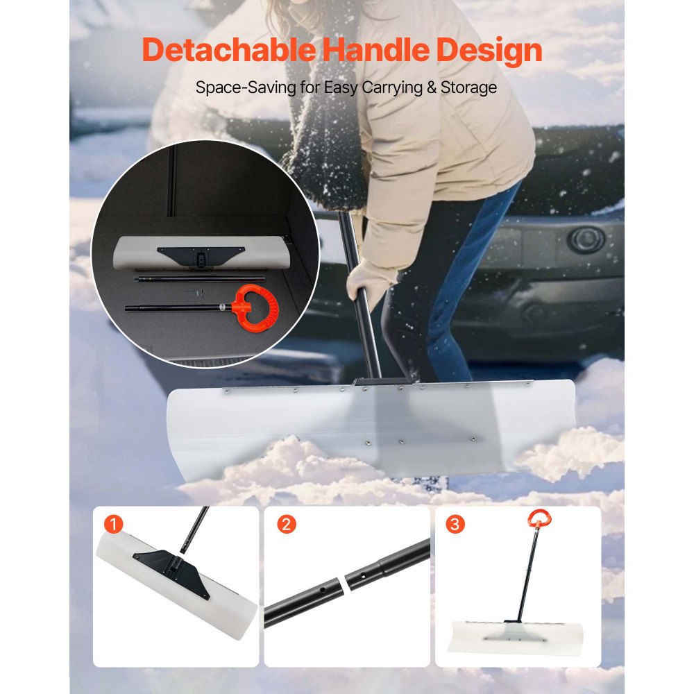 VEVOR Snow Pusher Shovel, 36 in Outdoor Snowplow Shovel with Ergonomic Grip, HDPE Plastic Blade, Winter Shovels with Segmented Handle, Metal Edged Strip, Portable Snow Removal Tool for Driveway Garden