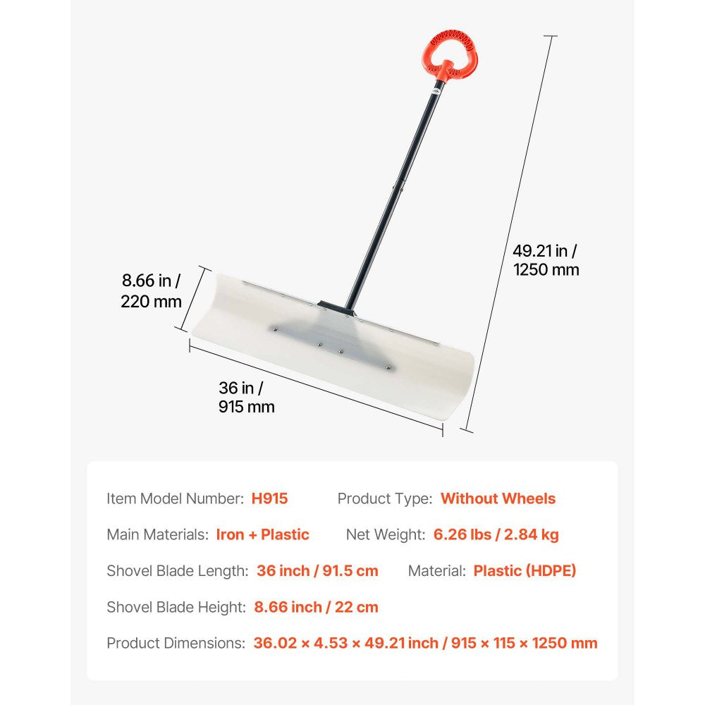 VEVOR Snow Pusher Shovel, 36 in Outdoor Snowplow Shovel with Ergonomic Grip, HDPE Plastic Blade, Winter Shovels with Segmented Handle, Metal Edged Strip, Portable Snow Removal Tool for Driveway Garden