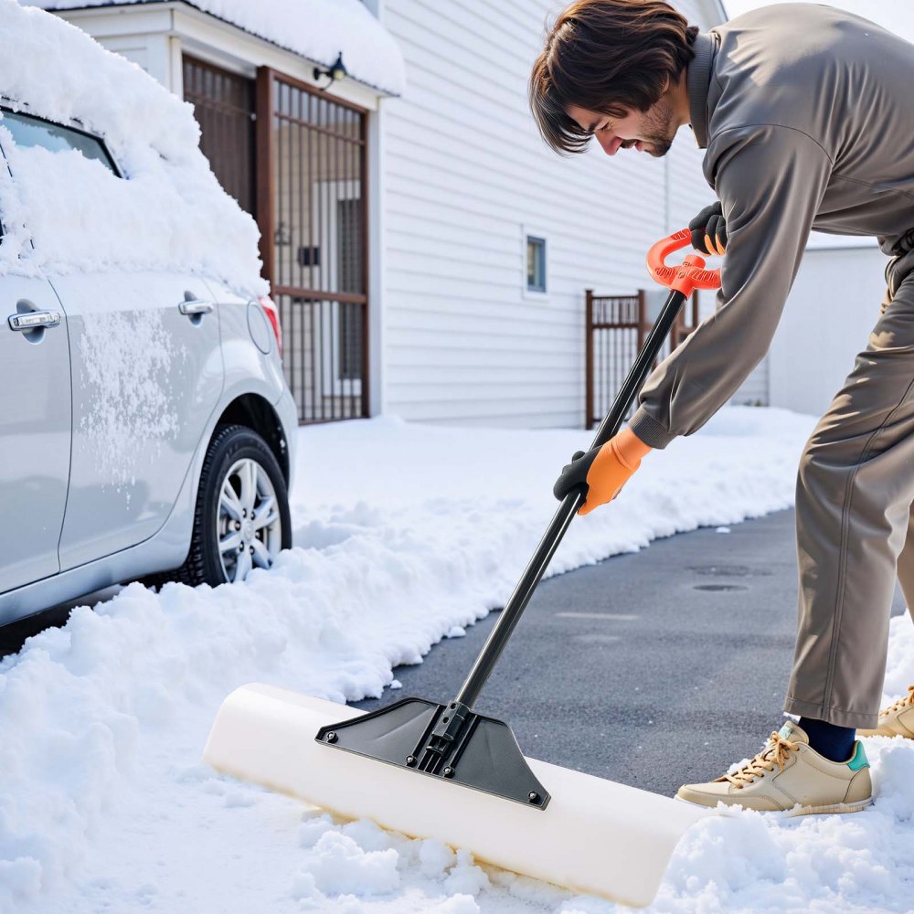 VEVOR Snow Pusher Shovel, 36 in Outdoor Snowplow Shovel with Ergonomic Grip, HDPE Plastic Blade, Winter Shovels with Segmented Handle, Metal Edged Strip, Portable Snow Removal Tool for Driveway Garden