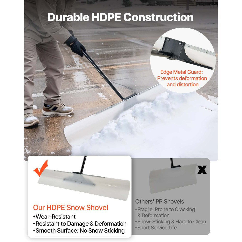 VEVOR Snow Pusher Shovel, 48 in Outdoor Snowplow Shovel with Ergonomic Grip, HDPE Plastic Blade, Winter Shovels with Segmented Handle, Metal Edged Strip, Portable Snow Removal Tool for Driveway Garden