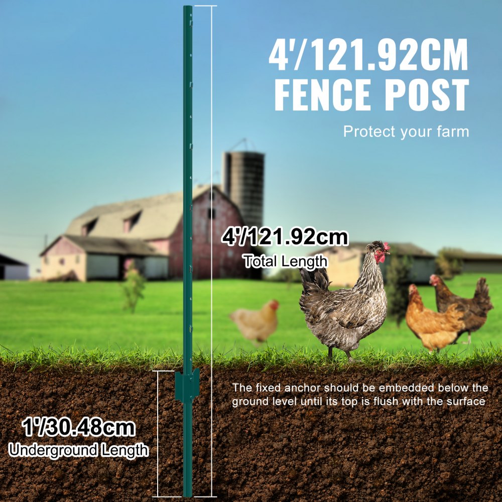 VEVOR 4 Feet Fence Post, 10 Pack U-Channel Heavy Duty Metal Fence Posts, Sturdy Steel Fence Stakes for Garden Yard, Lawn, Farms and Outdoor Wire Fencing, Green