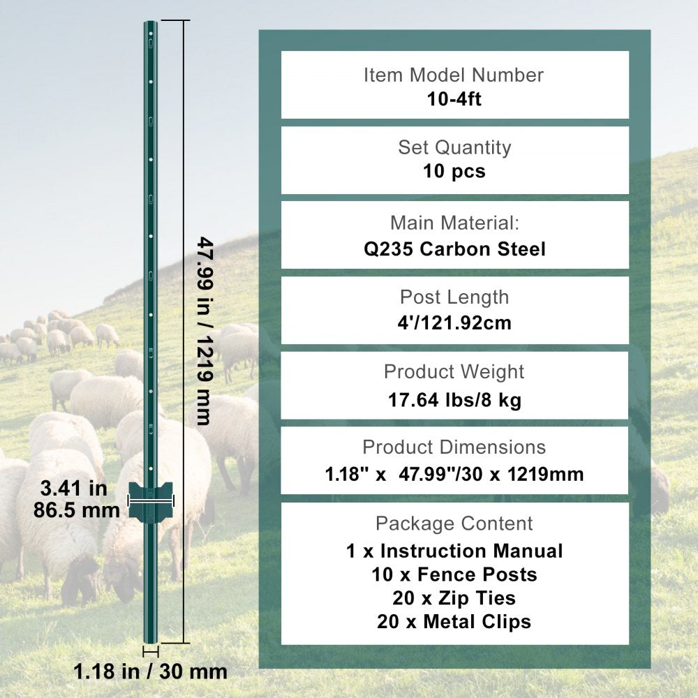VEVOR 4 Feet Fence Post, 10 Pack U-Channel Heavy Duty Metal Fence Posts, Sturdy Steel Fence Stakes for Garden Yard, Lawn, Farms and Outdoor Wire Fencing, Green