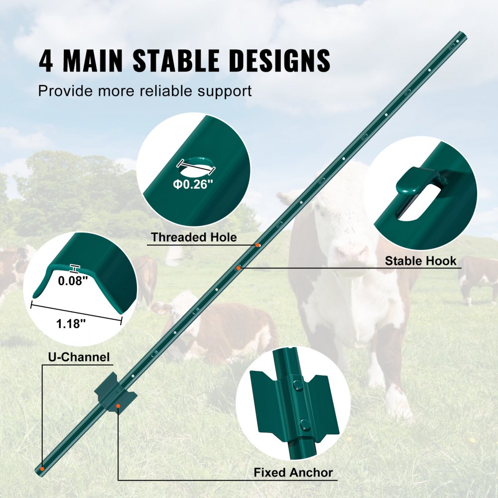 VEVOR 5 Feet Fence Post, 10 Pack U-Channel Heavy Duty Metal Fence Posts, Sturdy Steel Fence Stakes for Garden Yard, Lawn, Farms and Outdoor Wire Fencing, Green