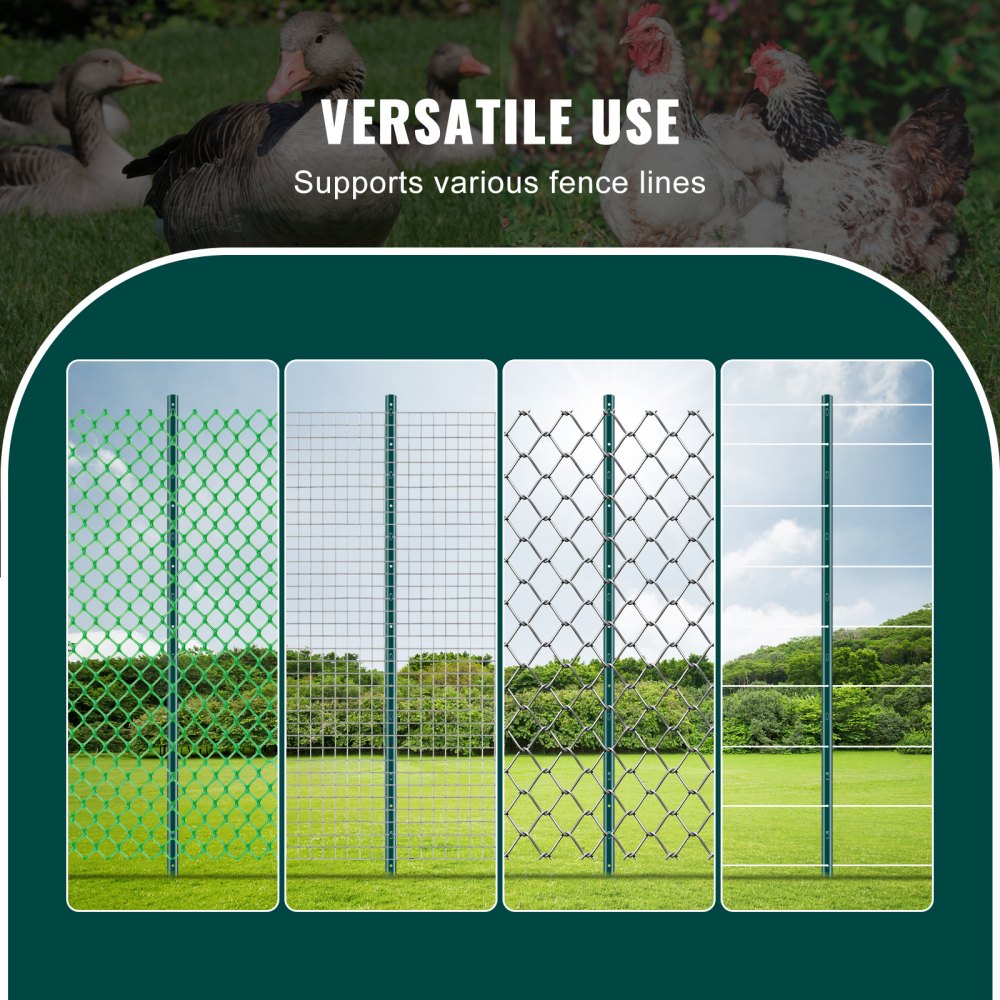VEVOR 5 Feet Fence Post, 10 Pack U-Channel Heavy Duty Metal Fence Posts, Sturdy Steel Fence Stakes for Garden Yard, Lawn, Farms and Outdoor Wire Fencing, Green