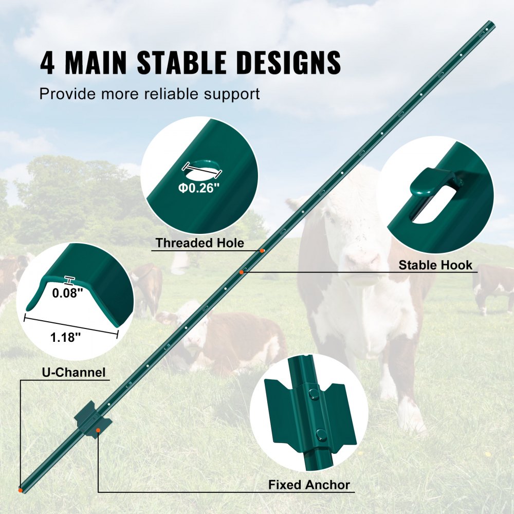 VEVOR 6 Feet Fence Post, 6 Pack U-Channel Heavy Duty Metal Fence Posts, Sturdy Steel Fence Stakes for Garden Yard, Lawn, Farms and Outdoor Wire Fencing, Green