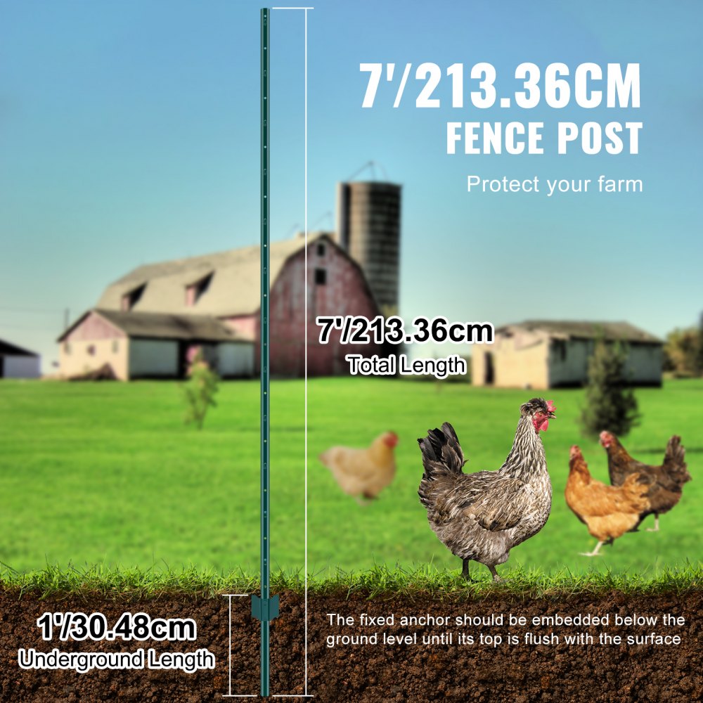 VEVOR 7 Feet Fence Post, 10 Pack U-Channel Heavy Duty Metal Fence Posts, Sturdy Steel Fence Stakes for Garden Yard, Lawn, Farms and Outdoor Wire Fencing, Green