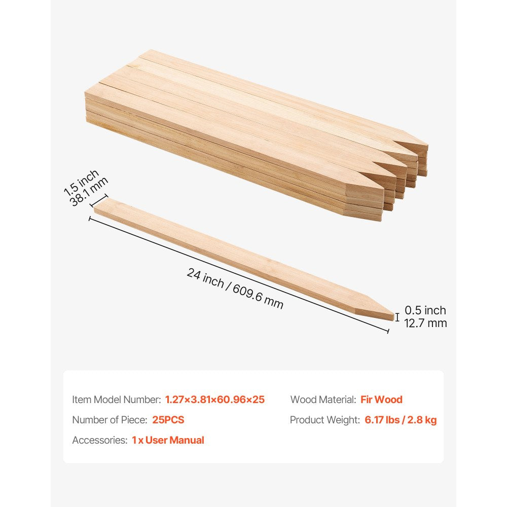 VEVOR Wooden Garden Stakes, 25 Pcs 24 x 0.5 x1.5 in Survey Grading Stakes, Garden Ground Stake with Sharp Point, Fir Wood Plant Support Stake, Sign Posts for Silt Fence Backyard Boundaries Baselines