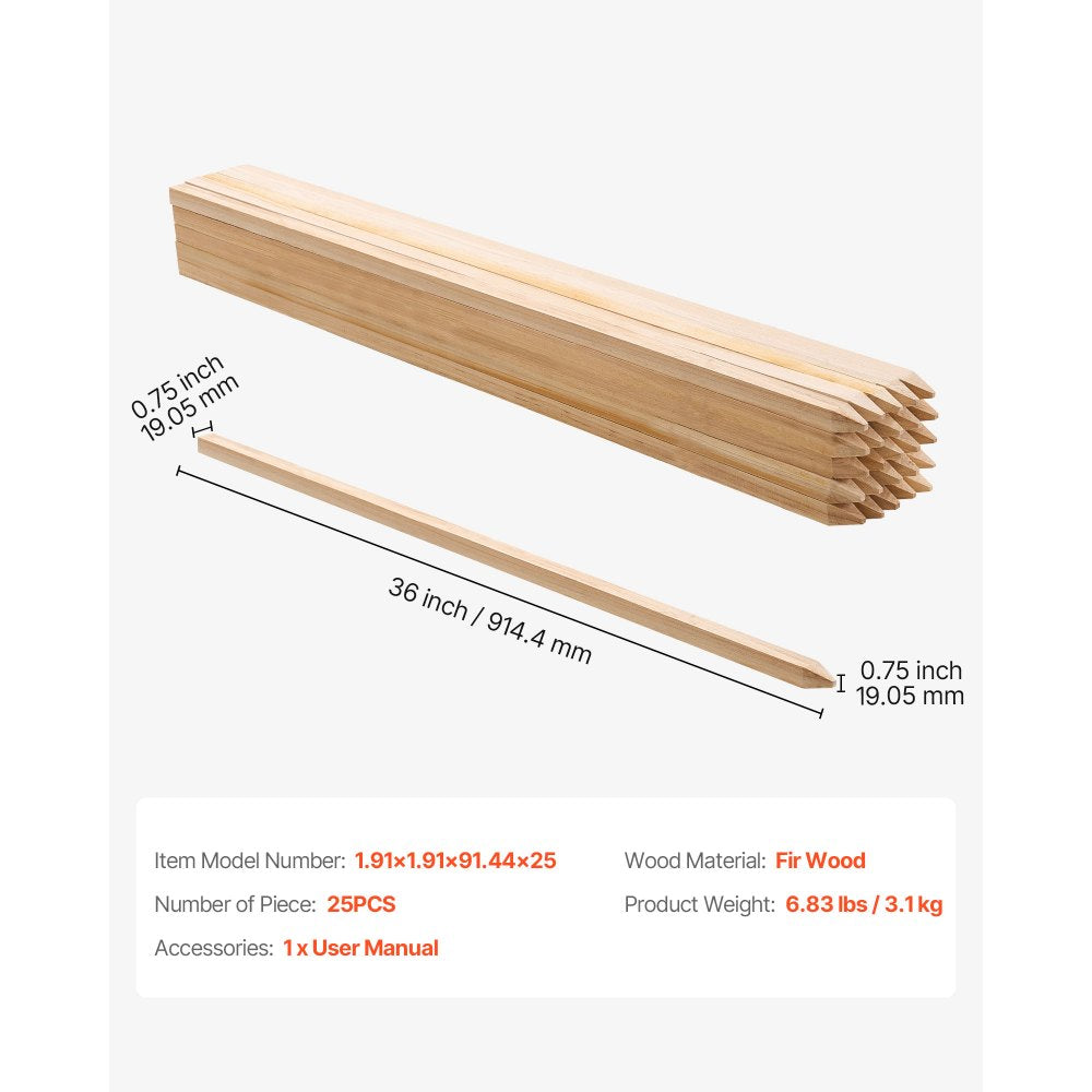 VEVOR Wooden Garden Stakes, 25 Pcs 36x0.75x0.75 in Survey Grading Stakes, Garden Ground Stake with Sharp Point, Fir Wood Plant Support Stake, Sign Posts for Silt Fence Backyard Boundaries Baselines
