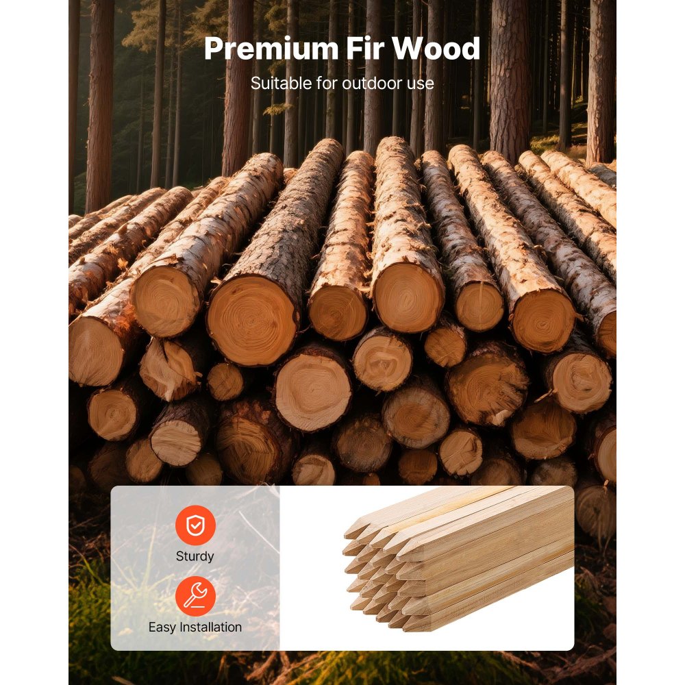 VEVOR Wooden Garden Stakes, 25 Pcs 48x0.75x0.75 in Survey Grading Stakes, Garden Ground Stake with Sharp Point, Fir Wood Plant Support Stake, Sign Posts for Silt Fence Backyard Boundaries Baselines