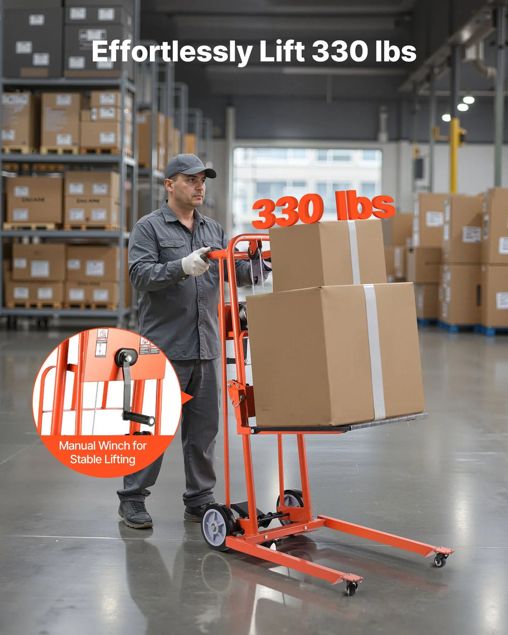 VEVOR manual winch stacker lifting 330 lbs in warehouse scene