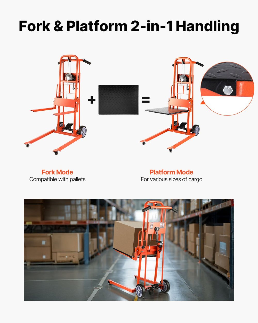 VEVOR manual winch stacker fork and platform 2-in-1 handling modes