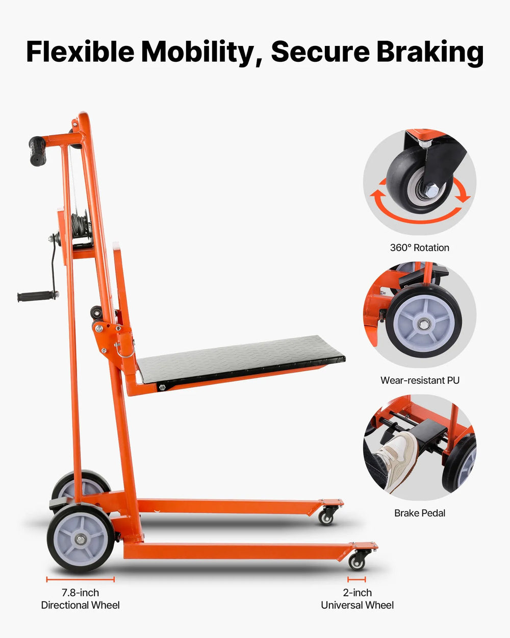 VEVOR manual winch stacker flexible mobility secure braking wheels and brake pedal