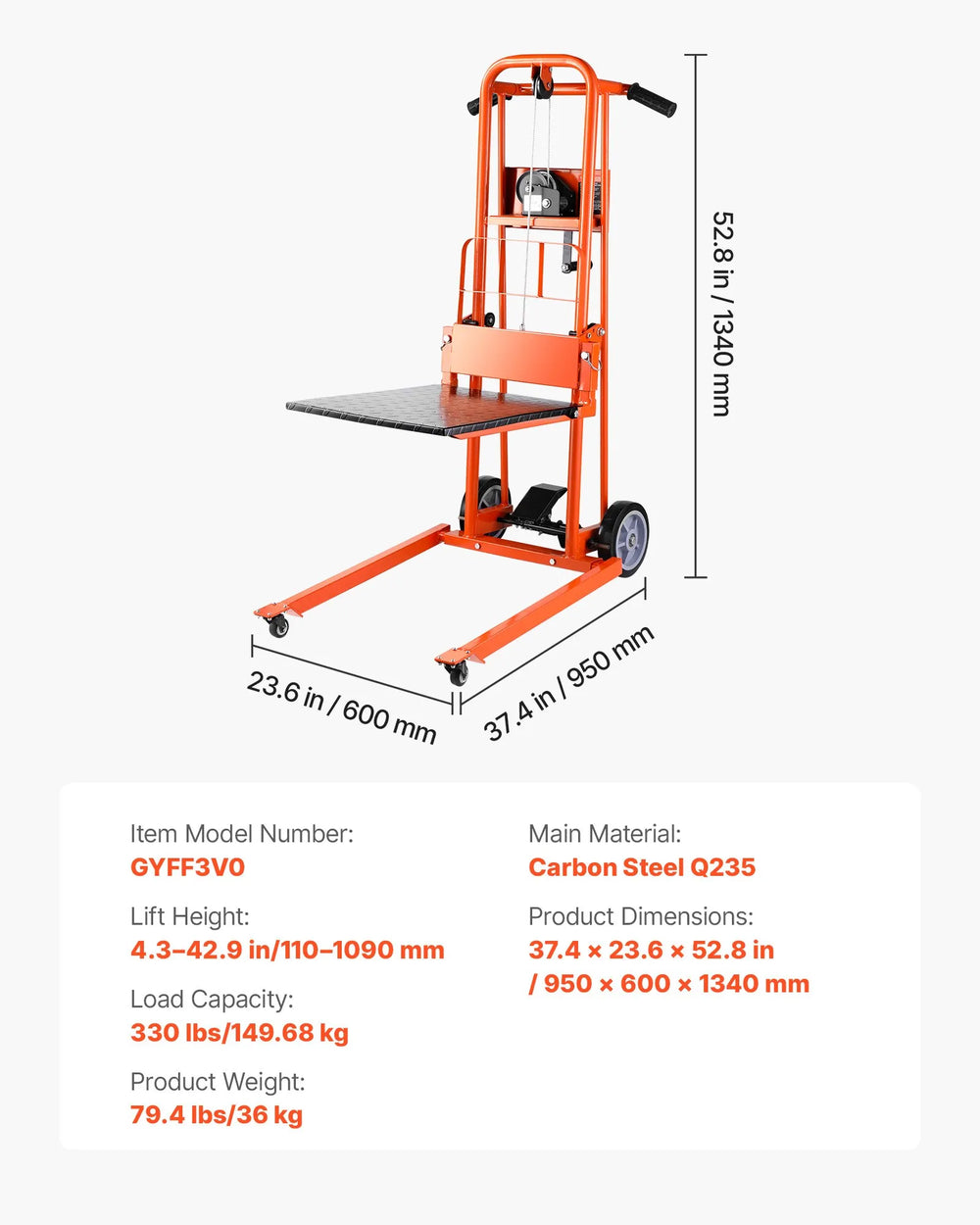 VEVOR manual winch stacker dimensions and key specs diagram