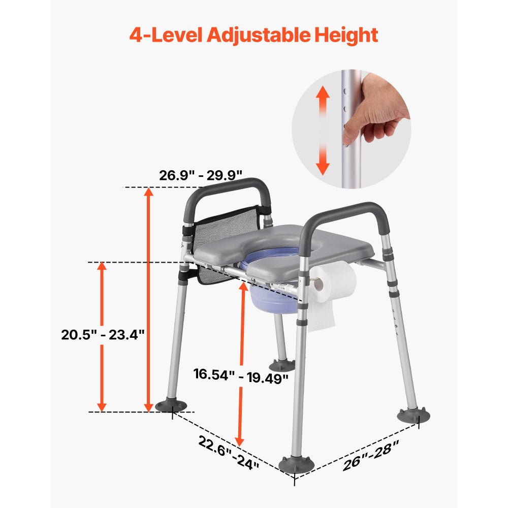 VEVOR Bedside Commode Chair, 500 lbs Capacity, 4-in-1 Portable Toilet and Raised Toilet Seat with Padded Seat & Armrest, Detachable 5L Bucket, Adjustable Height & Width Adult Potty Chair for Seniors