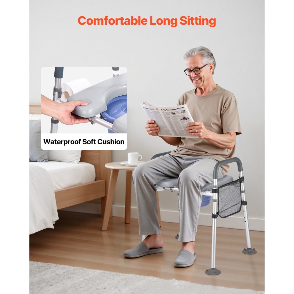 VEVOR Bedside Commode Chair, 500 lbs Capacity, 4-in-1 Portable Toilet and Raised Toilet Seat with Padded Seat & Armrest, Detachable 5L Bucket, Adjustable Height & Width Adult Potty Chair for Seniors