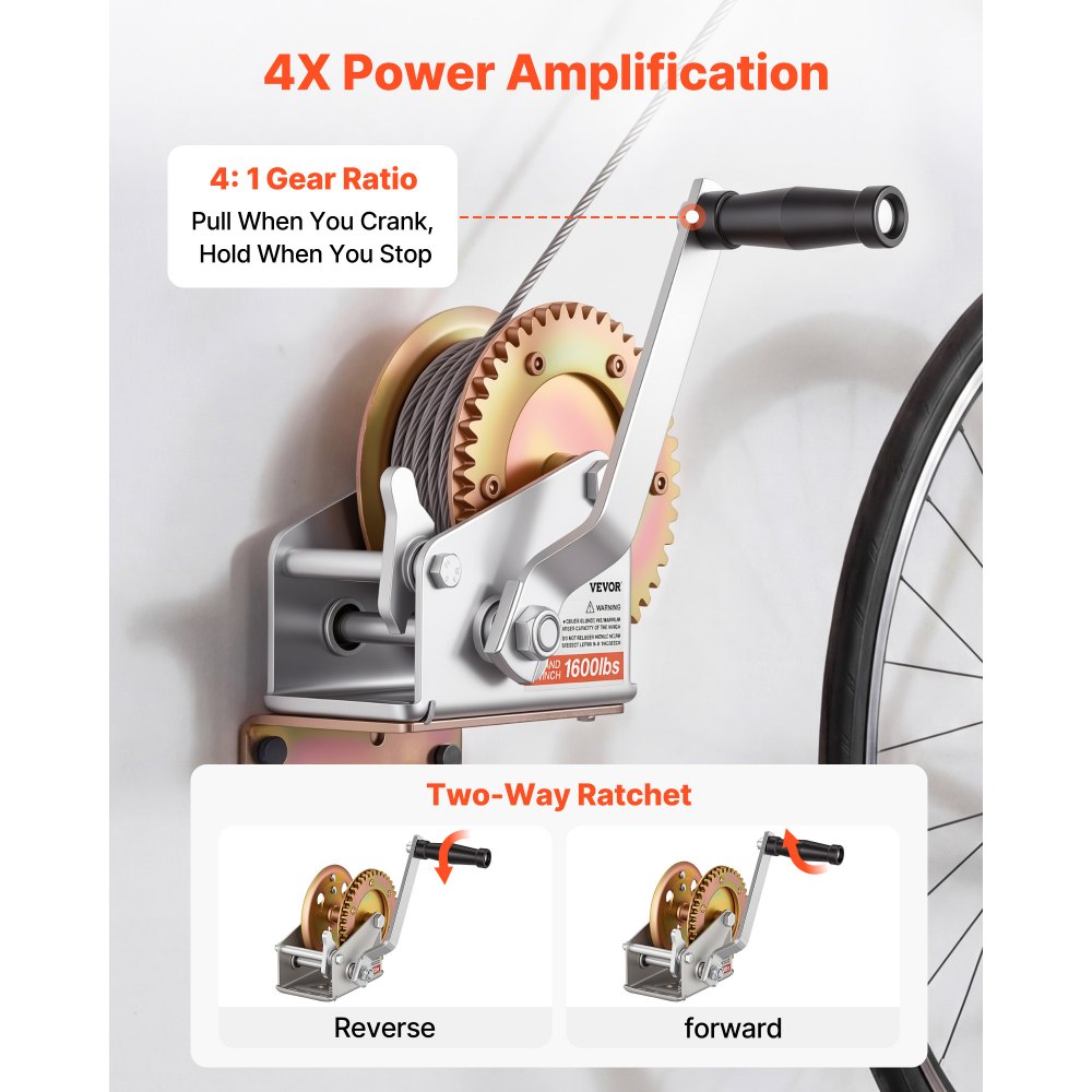 VEVOR Boat Winch, 1600 lbs Hand Winch, Heavy Duty Manual Rope Crank, Portable Two-Way Ratchet, 4: 1 Gear Ratio, Easy Installation Gear for Boat Trailer ATV Towing